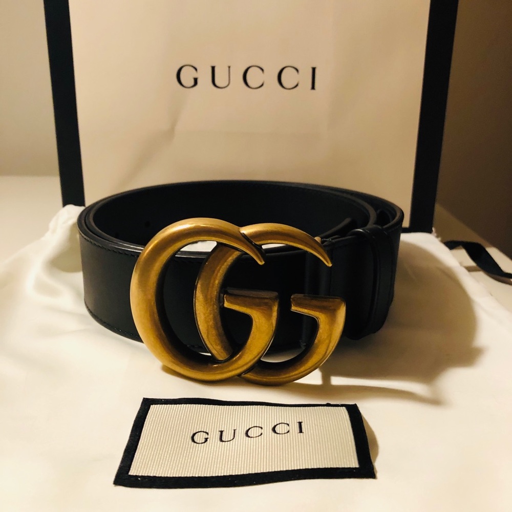 Gucci black leather belt - Double G brass buckle
